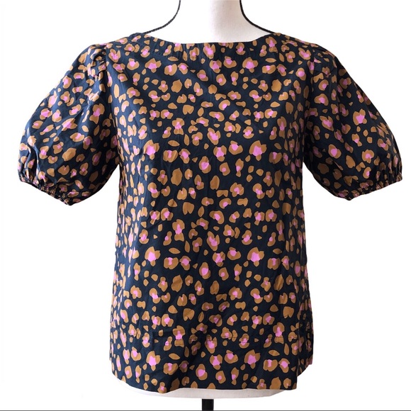 J. Crew Marlene blouse top animal print puff sleeve navy purple XXS like new - Picture 2 of 11